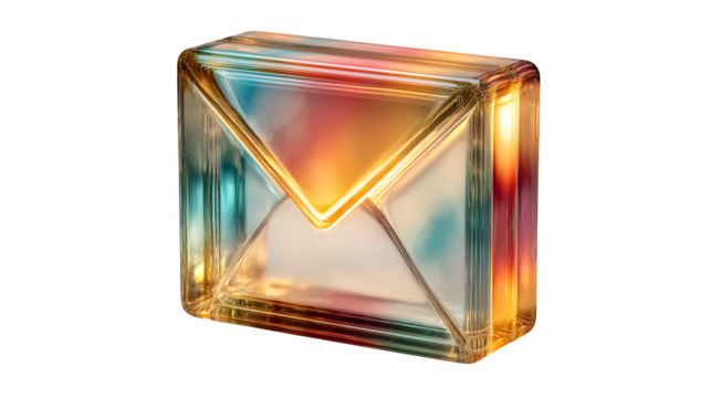 A glowing 3D envelope icon with a prismatic effect, representing digital communication, placed on white --ar 16:9 --v 7.0 --s 750