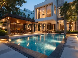 Fototapeta premium Modern Residence with Swimming Pool and Outdoor Dining Area at Dusk