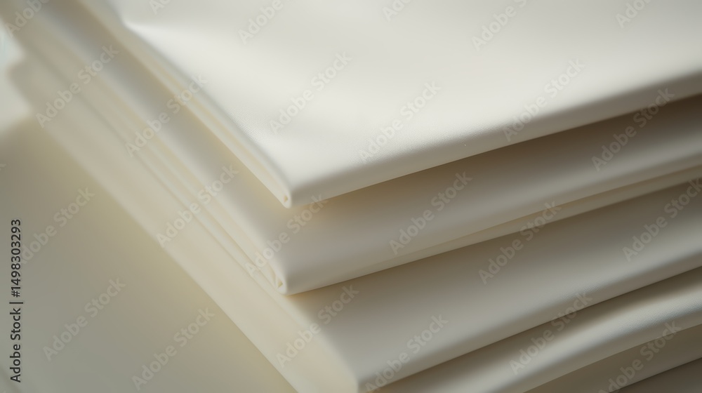 Aufkleber Stack of white sheets with a smooth texture. The sheets are piled on top of each other, creating a sense of depth and dimension. The image conveys a feeling of luxury and comfort