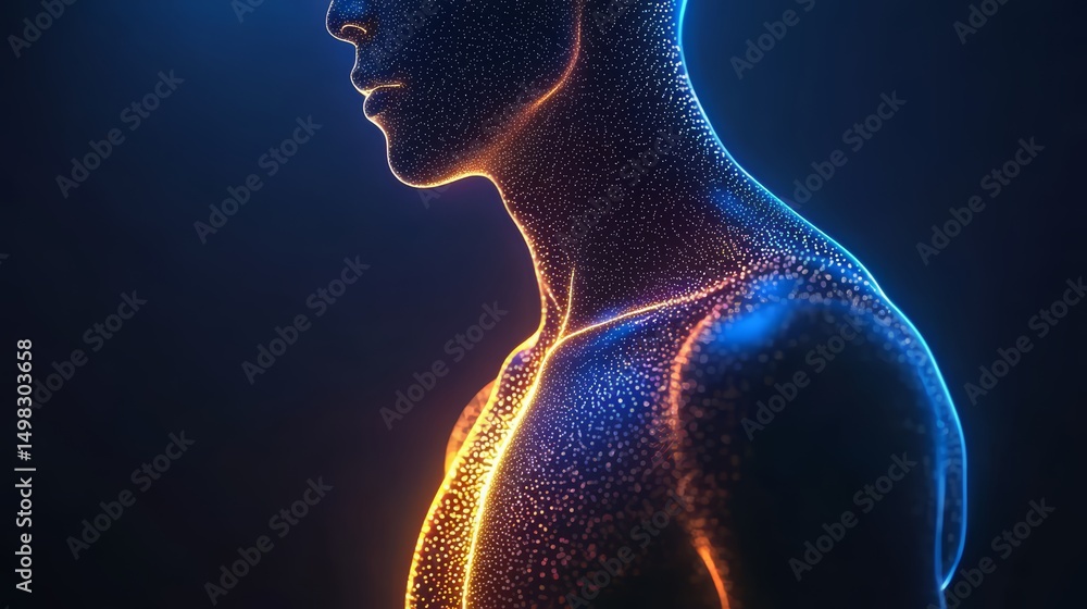 Poster Man's body is shown in a computer generated image with a glowing orange spot on his chest. The image has a futuristic and otherworldly feel to it
