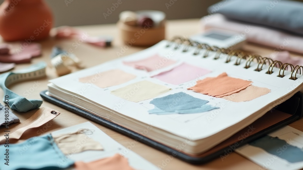 Poster desk notebook open notebook has spiral binding filled color swatches different shades pink blue beig