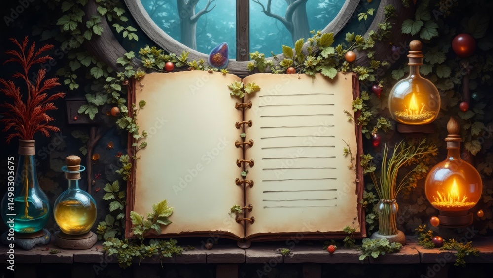 Poster digital illustration open book blank pages book placed wooden table window background window has vie