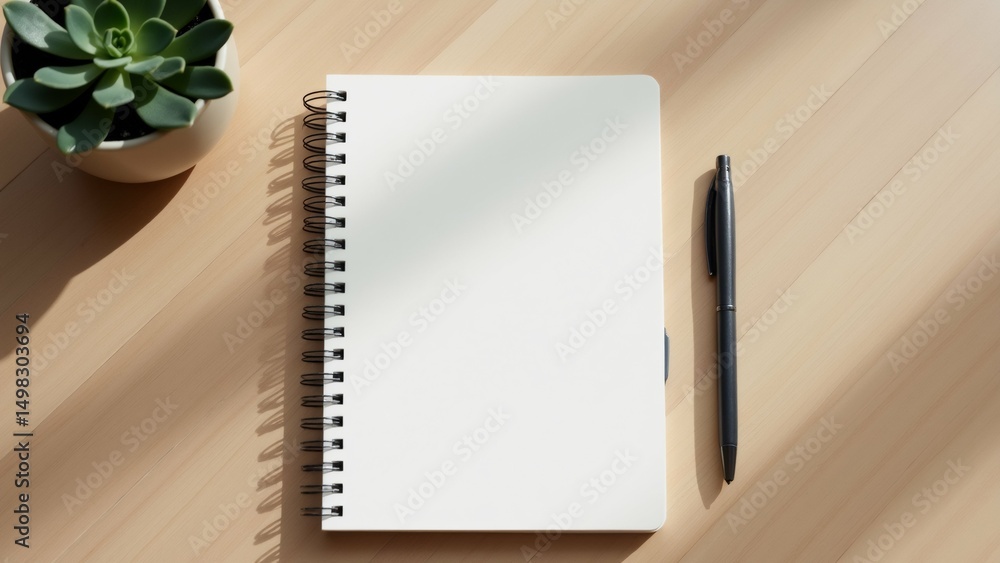 Poster flat lay wooden desk notebook pen notebook open has blank white page black spiral binding next noteb