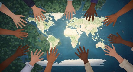 Diverse Hands Protecting a World Map, Global Unity Concept