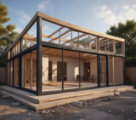 Fototapeta premium Modern home extension framing, progress visible, walls, real estate