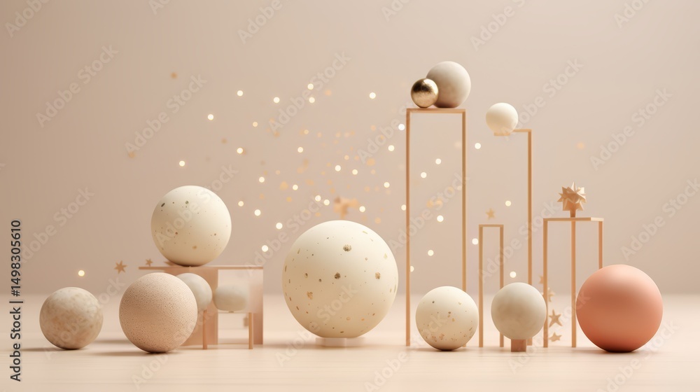 Poster Variety of different colored balls arranged in a pattern on a wooden surface. The balls are of different sizes and are placed in a way that creates a sense of depth and dimension