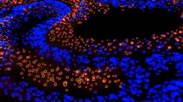 Abstract blue and orange pattern landscape with glowing points in a dark background, digital art design with artistic rendering