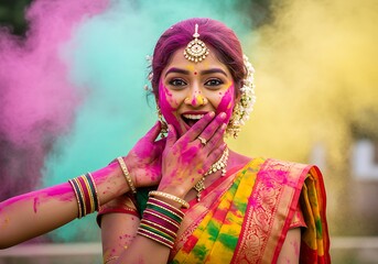 Obraz premium Excited Indian Woman Celebrating Holi with Colorful Powder. Generative Ai