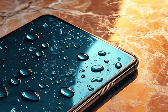Water droplets on a smartphone screen, showcasing water resistance and hydrophobic coating.