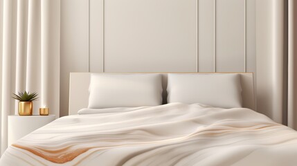 Bed with white sheets and pillows, and a gold vase on a nightstand. The bed is unmade and the curtains are drawn. The room is clean and simple, with a minimalist design