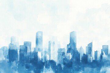 Fototapeta premium A watercolor painting of a city skyline, showcasing skyscrapers in shades of blue under a hazy sky.