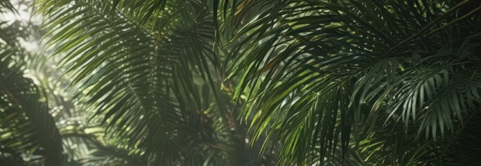 Deep green palm leaves, sunlight dappled, rich textures ,  tropical design, vibrant