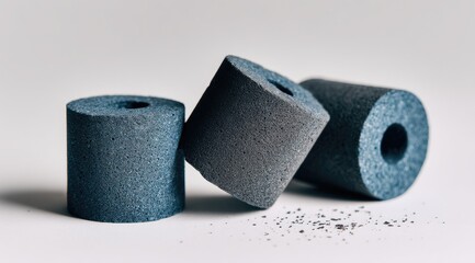Three cylindrical components, gray-blue in color, with a central hole