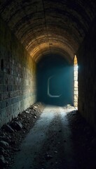 Fototapeta premium A dark, arched carriage tunnel, damp with age, shows signs of wear and time; light streams in from the distant opening, revealing texture and depth , heritage, architecture, road