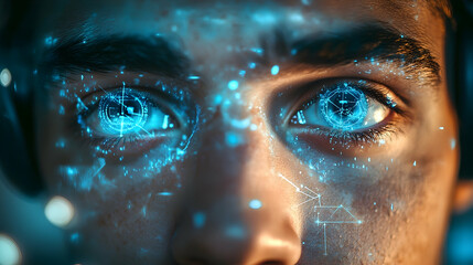 Close-up of a person's face with glowing digital interface overlay on the eyes.