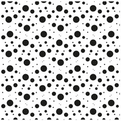 Bold black dots. Seamless circular spots. Repeating polka motif. High contrast design.