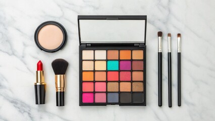 This top-down view captures a complete beauty kit, featuring a multi-shade eyeshadow palette with a pop of turquoise, a skin-tone powder compact, a bold red lipstick, and precision brushes