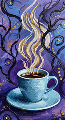 Blue Impasto Coffee Cup Painting with Golden Steam and Stylized Branches - Artistic Beverage Art