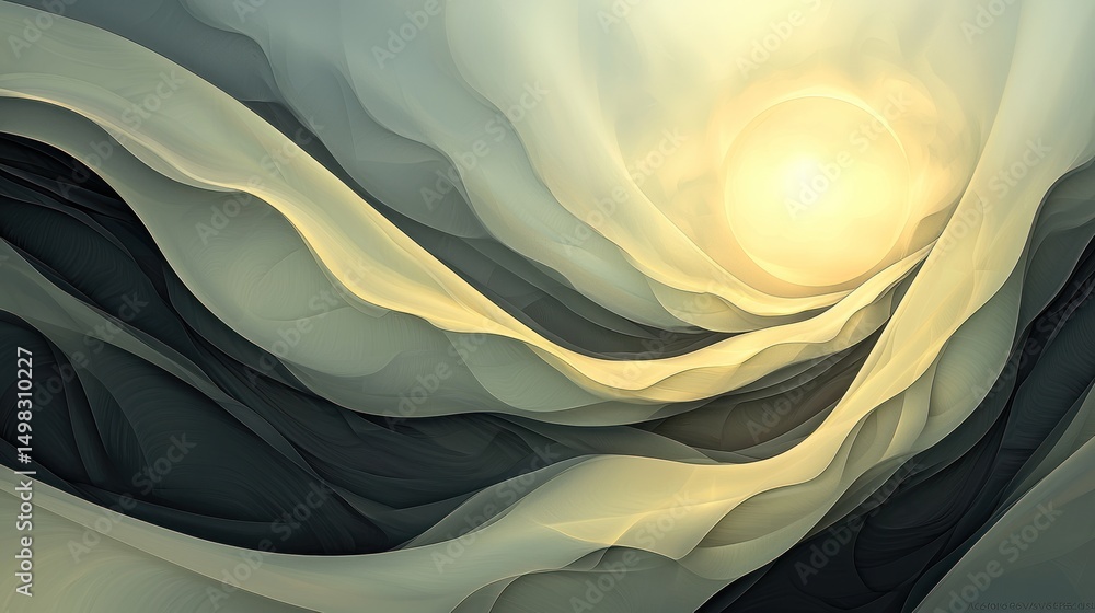 Poster abstract waves of light and shadow creating a serene and ethereal composition