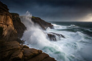 Fototapeta premium Ocean waves crashing against rocky cliffs during stormy weather