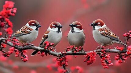 Four Sparrows on a Branch with Berries