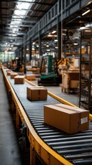 Modern industrial warehouse interior with cardboard boxes moving on conveyor belt system in distribution center with forklift in background and natural skylight illumination