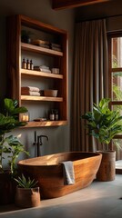 Fototapeta premium Serene luxury bathroom with wooden freestanding bathtub, built-in wooden shelving, and lush green plants creating spa-like atmosphere in natural earth-toned interior with gray walls and brown curtains