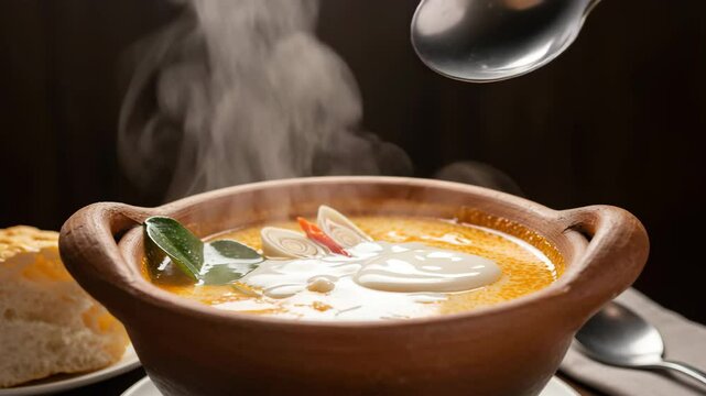 Thai Tom Kha soup in a clay bowl, coconut milk swirling as spoon stirs, lemongrass and chili on top. Hot soup in a clay bowl being served with fresh toppings and bread  