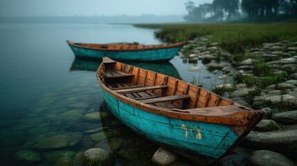 Obraz premium Serene turquoise wooden fishing boats moored on misty lake shore with rocky beach and distant treeline in foggy morning atmosphere for outdoor adventure tourism free copy space