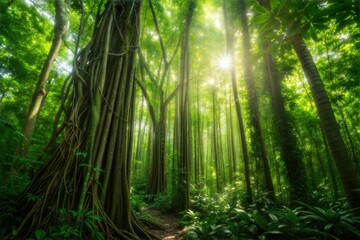 Naklejka premium Lush green forest trees sunlight nature scenic tranquil jungle