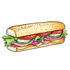 Delicious sub sandwich illustration isolated on white background