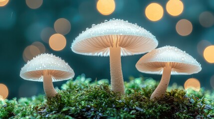 Three luminous mushrooms on moss, glowing bokeh background