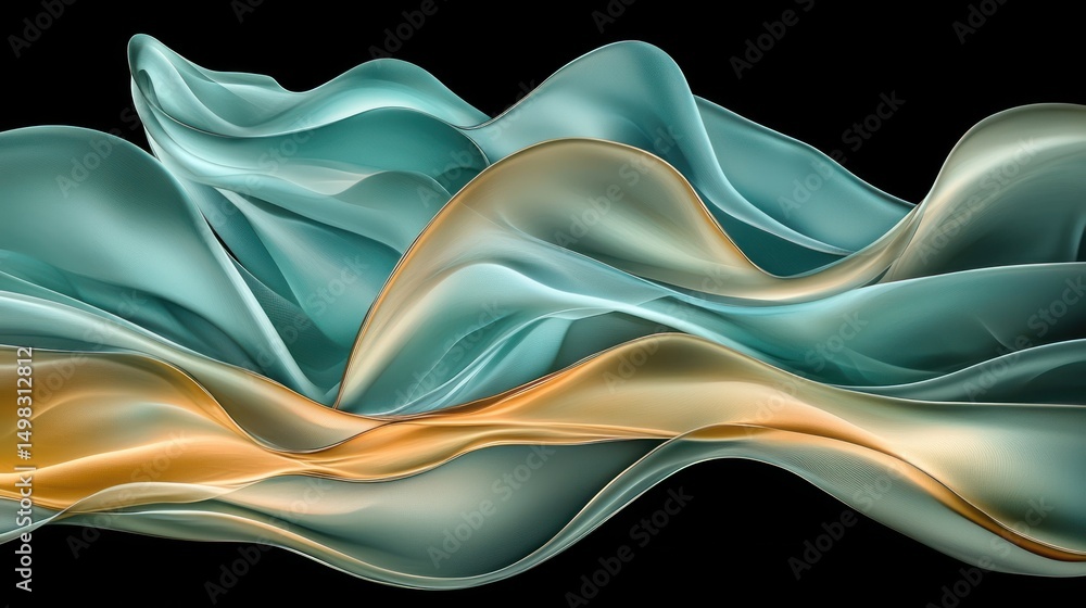 Poster fluid blend of teal and gold hues creating a dynamic and serene abstract flow