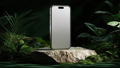 Modern phone on natural stone pedestal amidst lush greenery