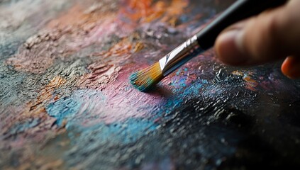 Fototapeta premium Artist hand painting vibrant canvas.