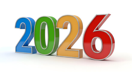 Colorful 3D Rendering of the New Year 2026 on a White Background