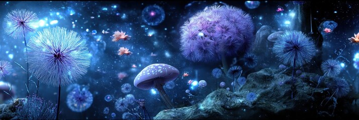 深海生物発光体と幻想的な菌類の共生世界