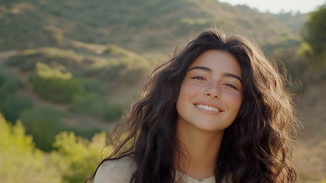 Fototapeta Smiling young 19 year old Hispanic female outdoors in scenic landscape