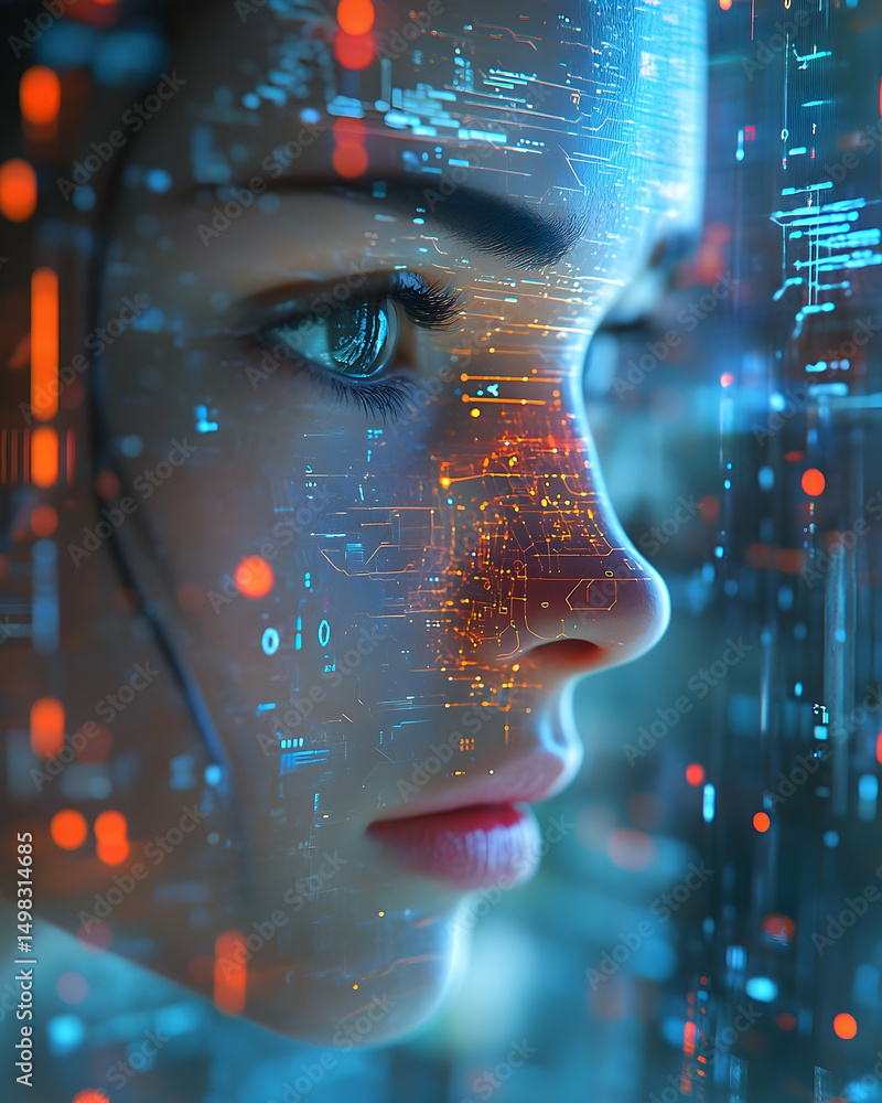 Poster close-up profile view of a woman's face overlaid with digital circuit patterns.