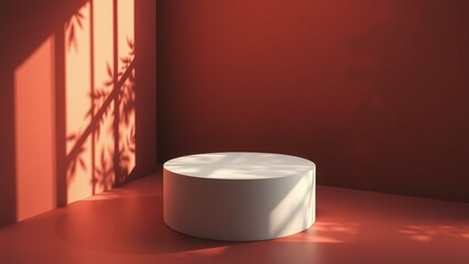 terracotta-red with white podium product display