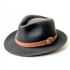 Stylish fedora with leather strap on white background