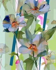 水彩画風抽象花柄、青緑色の背景、重なり合う花びら、繊細なタッチ