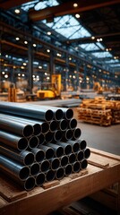 Industrial steel pipes stacked on wooden pallet in large manufacturing warehouse with high ceiling, metal fabrication facility background with machinery and timber supplies