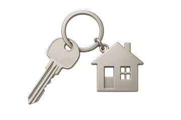 Keychain with key and small house shape pendant symbolizing real estate, mortgage, renting, and homeownership
