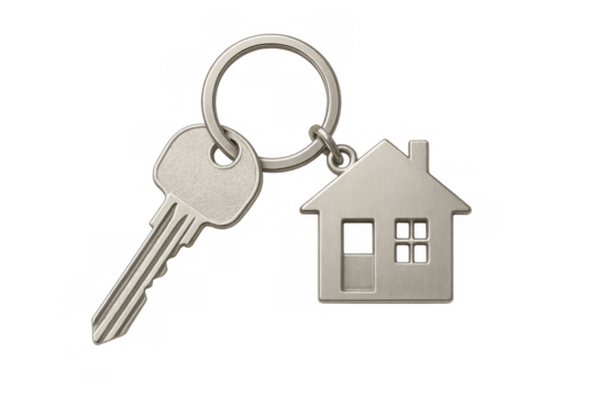 Keychain with key and small house shape pendant symbolizing real estate, mortgage, renting, and homeownership