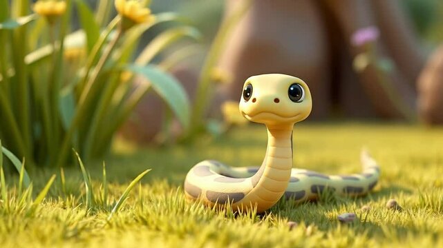 Cute animated snake character exploring lush garden with colorful flowers and grass