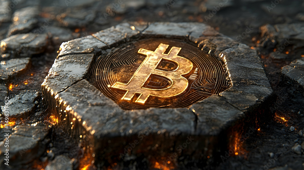 Poster golden bitcoin symbol embedded in a stone surface.