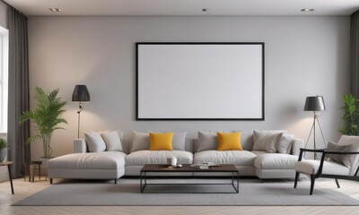 Bright modern living room, black frame gallery wall mockup,  scandinavian,  space,  house