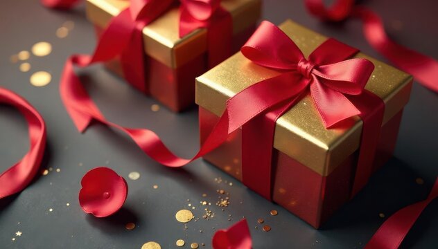Elegant red ribbon tied gift boxes, gold accents, vintage, illustration - Powered by Adobe