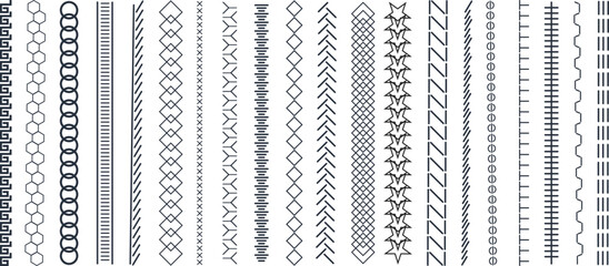 Vertical seamless stitches. Black embroidery zigzag, line and fringe border stitch patterns for textile design, sewing elements. Vector isolated set. Sewing machine endless seam, stitching dividers.